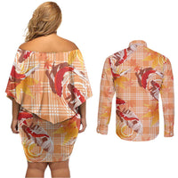 Orange Palaka Hawaii Aloha Couples Matching Off Shoulder Short Dress and Long Sleeve Button Shirt Koi Pond Mix Japanese Maple LT7 - Polynesian Pride