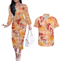 Orange Palaka Hawaii Aloha Couples Matching Off The Shoulder Long Sleeve Dress and Hawaiian Shirt Koi Pond Mix Japanese Maple LT7 Orange - Polynesian Pride