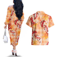 Orange Palaka Hawaii Aloha Couples Matching Off The Shoulder Long Sleeve Dress and Hawaiian Shirt Koi Pond Mix Japanese Maple LT7 - Polynesian Pride