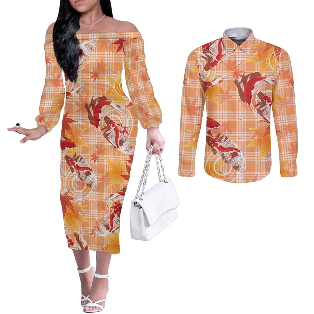 Orange Palaka Hawaii Aloha Couples Matching Off The Shoulder Long Sleeve Dress and Long Sleeve Button Shirt Koi Pond Mix Japanese Maple LT7 Orange - Polynesian Pride