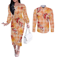 Orange Palaka Hawaii Aloha Couples Matching Off The Shoulder Long Sleeve Dress and Long Sleeve Button Shirt Koi Pond Mix Japanese Maple LT7 Orange - Polynesian Pride