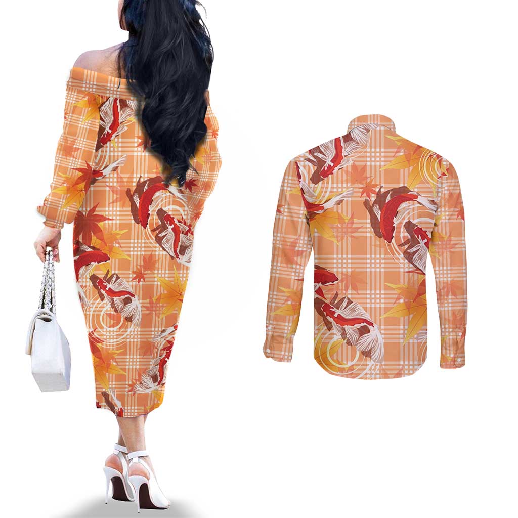 Orange Palaka Hawaii Aloha Couples Matching Off The Shoulder Long Sleeve Dress and Long Sleeve Button Shirt Koi Pond Mix Japanese Maple LT7 - Polynesian Pride