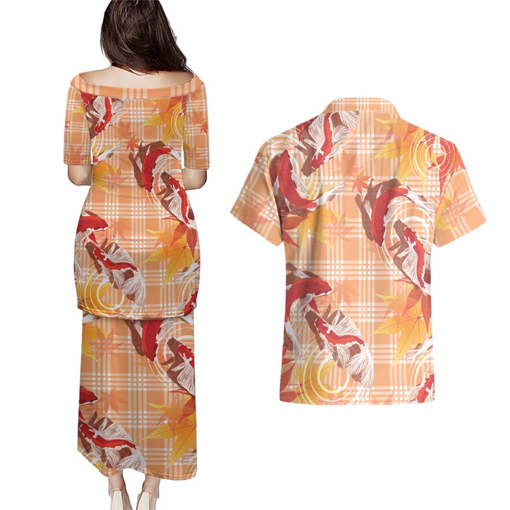Orange Palaka Hawaii Aloha Couples Matching Puletasi and Hawaiian Shirt Koi Pond Mix Japanese Maple LT7 - Polynesian Pride