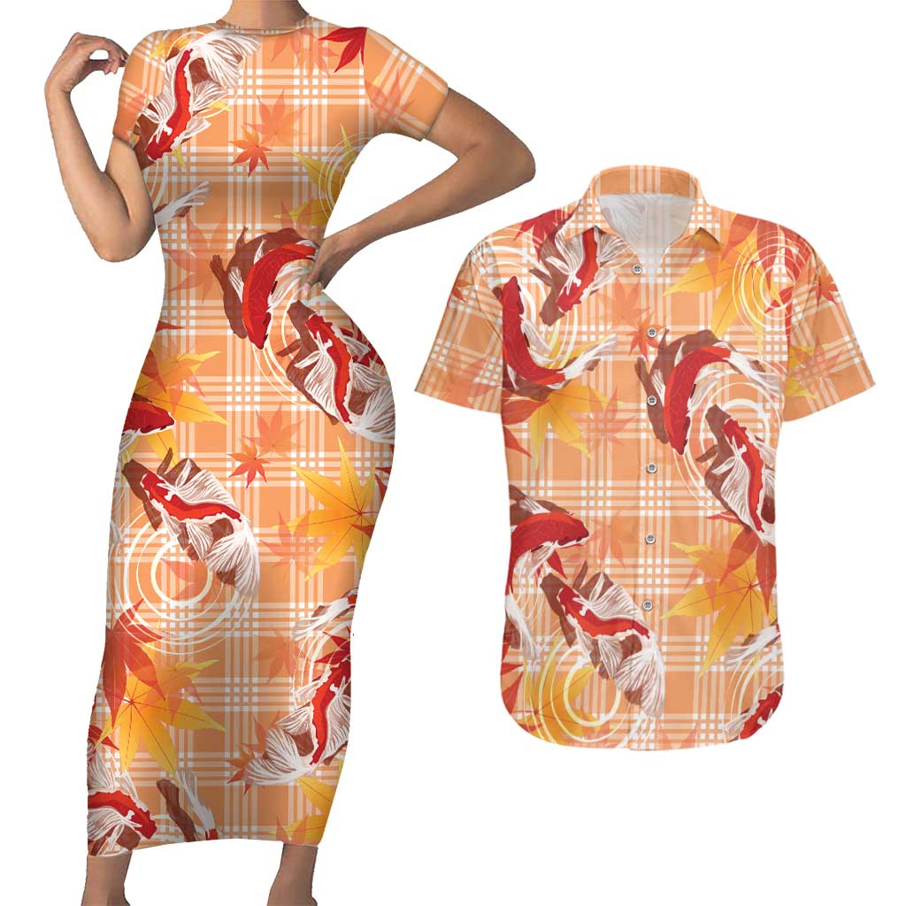 Orange Palaka Hawaii Aloha Couples Matching Short Sleeve Bodycon Dress and Hawaiian Shirt Koi Pond Mix Japanese Maple LT7 Orange - Polynesian Pride