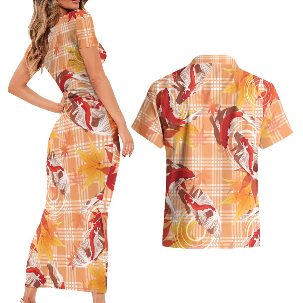 Orange Palaka Hawaii Aloha Couples Matching Short Sleeve Bodycon Dress and Hawaiian Shirt Koi Pond Mix Japanese Maple LT7 - Polynesian Pride