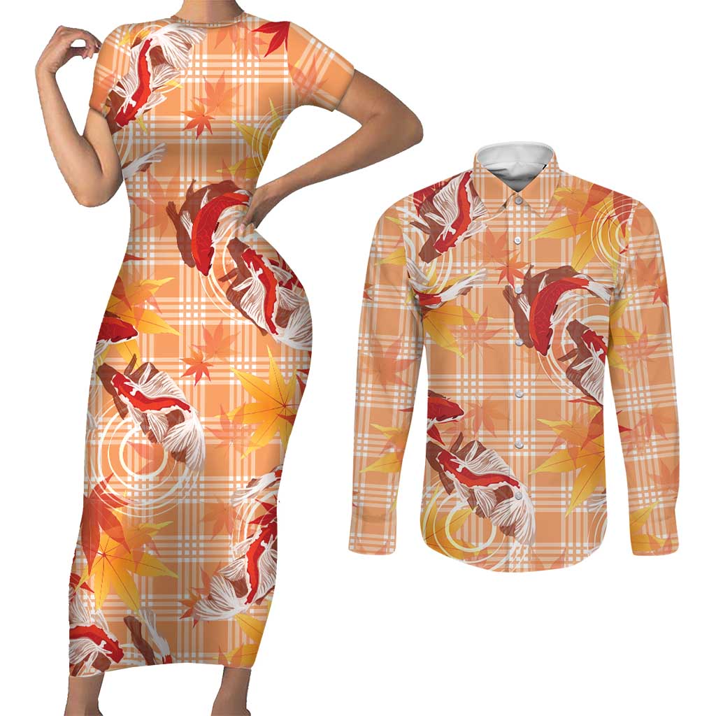 Orange Palaka Hawaii Aloha Couples Matching Short Sleeve Bodycon Dress and Long Sleeve Button Shirt Koi Pond Mix Japanese Maple LT7 Orange - Polynesian Pride