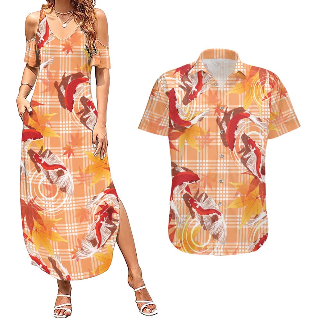 Orange Palaka Hawaii Aloha Couples Matching Summer Maxi Dress and Hawaiian Shirt Koi Pond Mix Japanese Maple LT7 Orange - Polynesian Pride