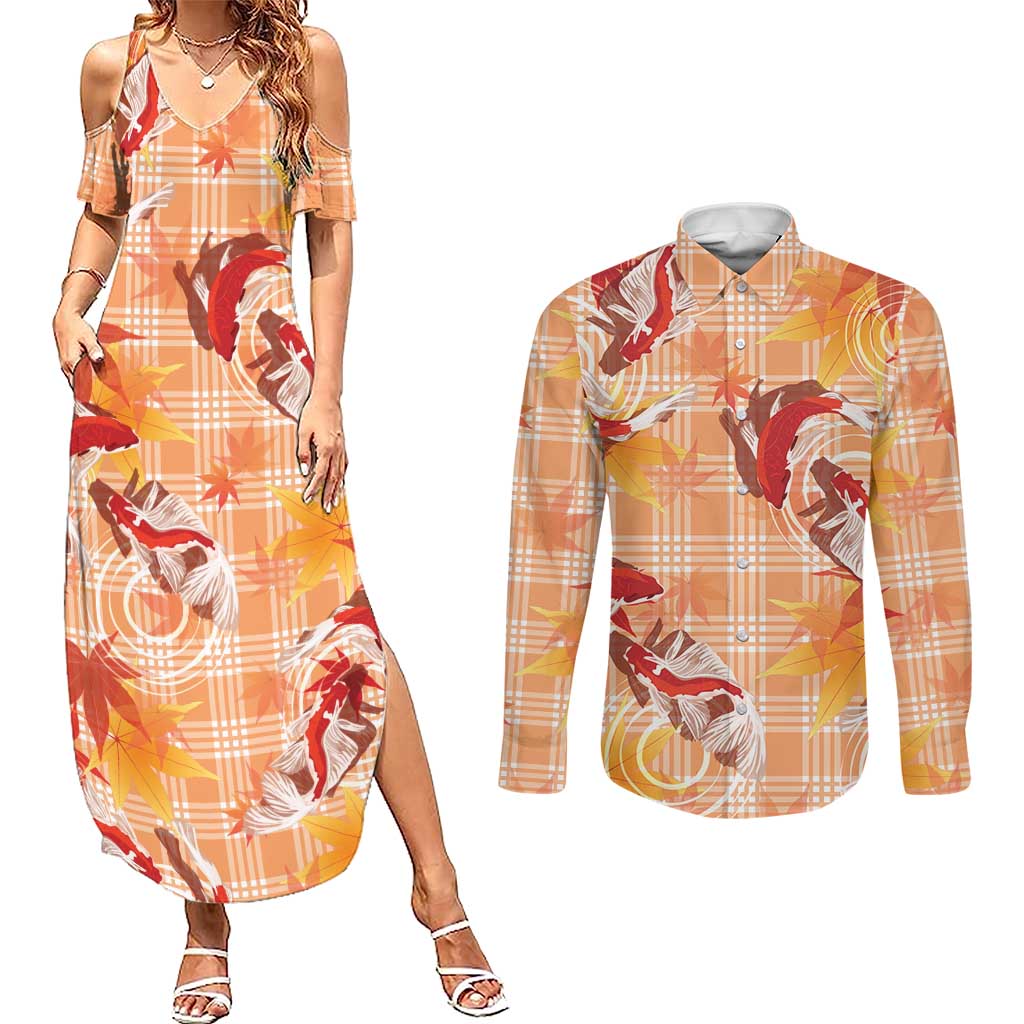 Orange Palaka Hawaii Aloha Couples Matching Summer Maxi Dress and Long Sleeve Button Shirt Koi Pond Mix Japanese Maple LT7 Orange - Polynesian Pride