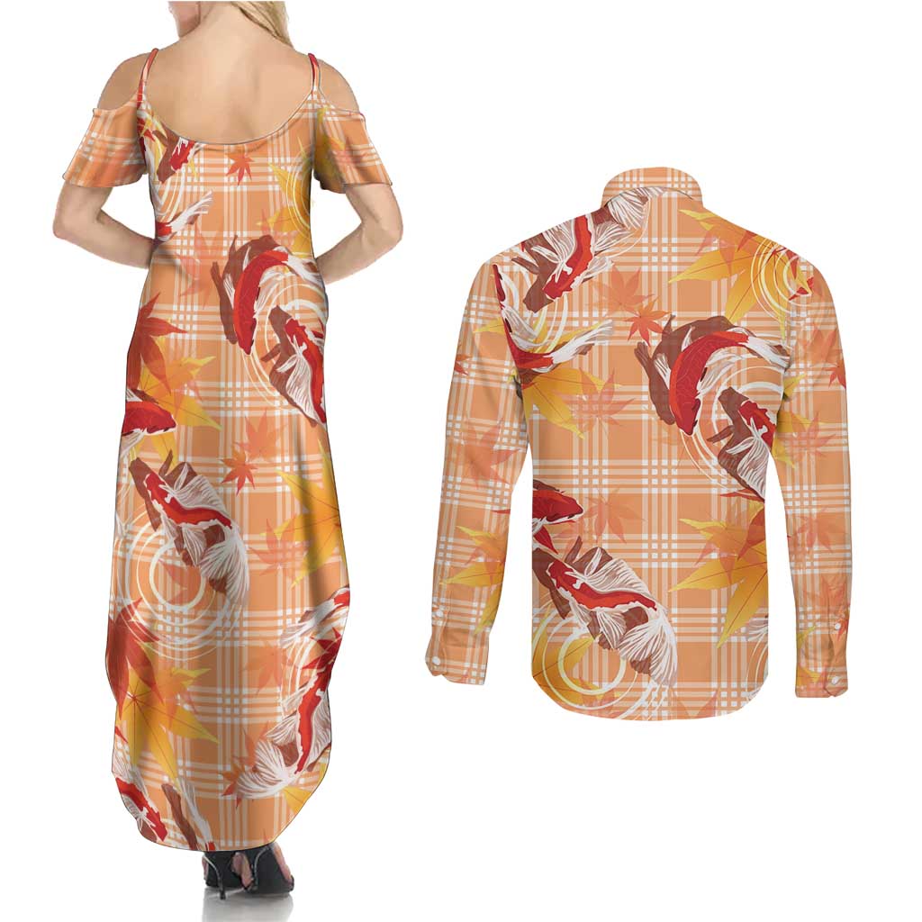 Orange Palaka Hawaii Aloha Couples Matching Summer Maxi Dress and Long Sleeve Button Shirt Koi Pond Mix Japanese Maple LT7 - Polynesian Pride