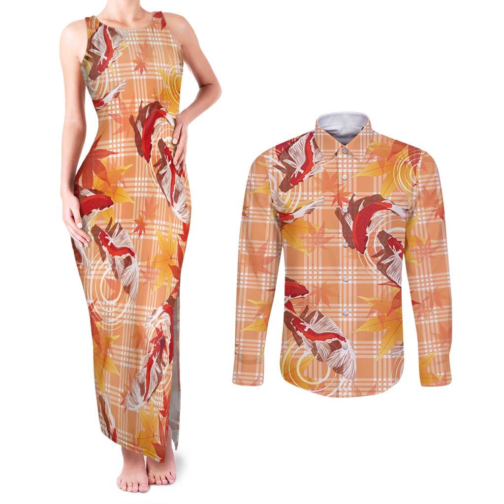 Orange Palaka Hawaii Aloha Couples Matching Tank Maxi Dress and Long Sleeve Button Shirt Koi Pond Mix Japanese Maple LT7 Orange - Polynesian Pride