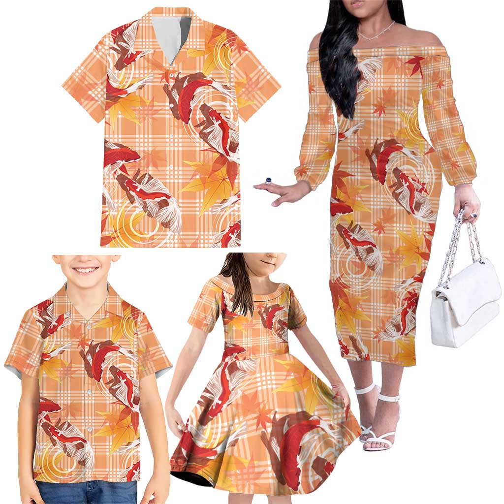 Orange Palaka Hawaii Aloha Family Matching Off The Shoulder Long Sleeve Dress and Hawaiian Shirt Koi Pond Mix Japanese Maple - Polynesian Pride