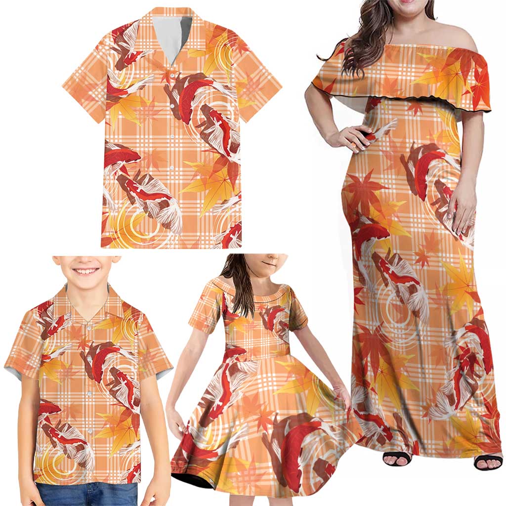 Orange Palaka Hawaii Aloha Family Matching Off Shoulder Maxi Dress and Hawaiian Shirt Koi Pond Mix Japanese Maple LT7 - Polynesian Pride