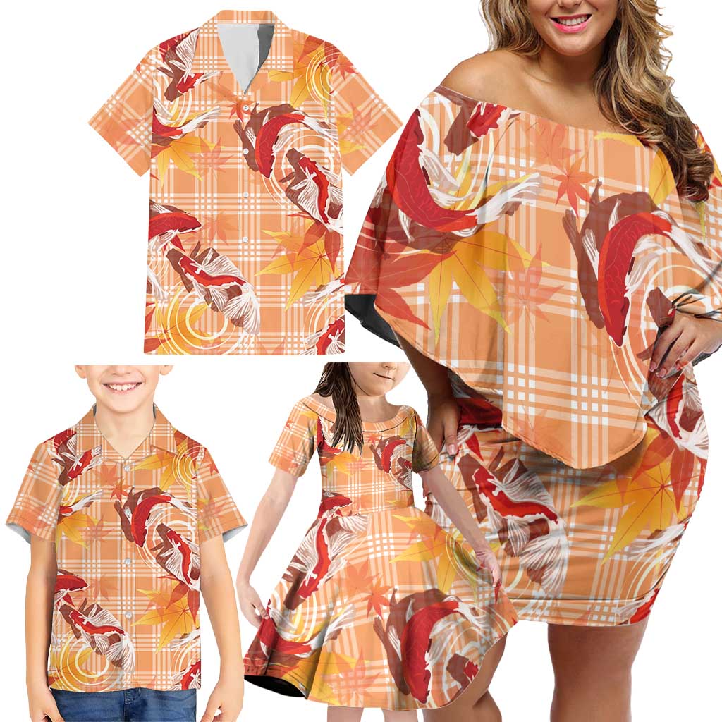 Orange Palaka Hawaii Aloha Family Matching Off Shoulder Short Dress and Hawaiian Shirt Koi Pond Mix Japanese Maple - Polynesian Pride