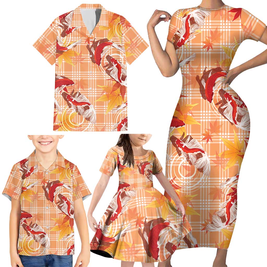 Orange Palaka Hawaii Aloha Family Matching Short Sleeve Bodycon Dress and Hawaiian Shirt Koi Pond Mix Japanese Maple - Polynesian Pride