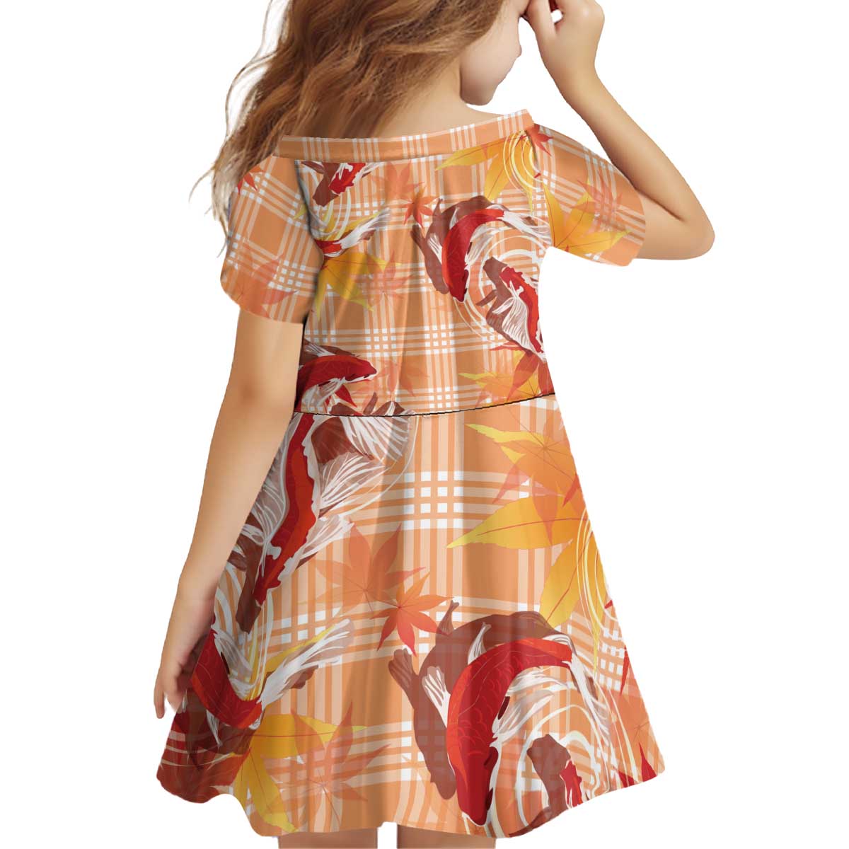 Orange Palaka Hawaii Aloha Kid Short Sleeve Dress Koi Pond Mix Japanese Maple LT7 - Polynesian Pride