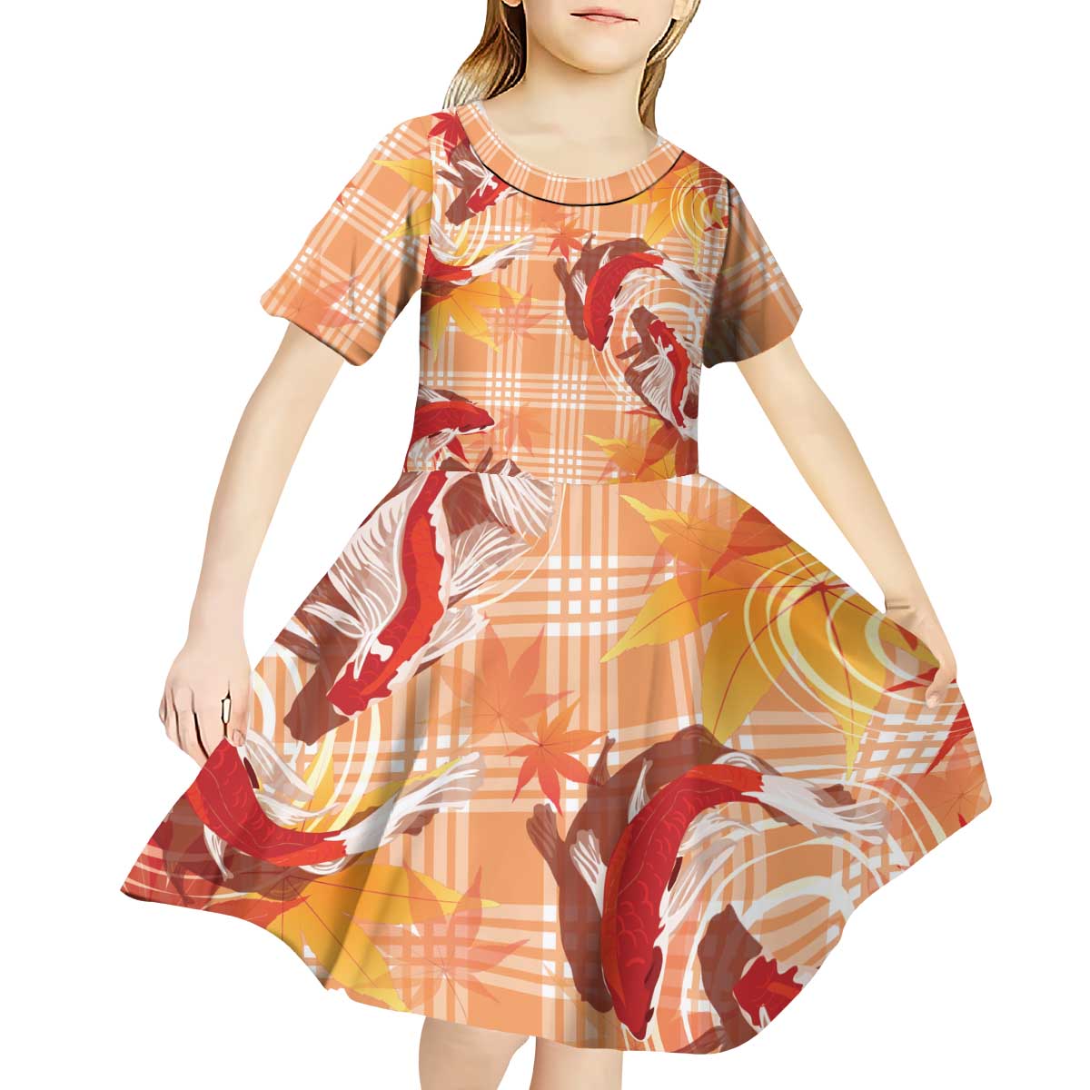 Orange Palaka Hawaii Aloha Kid Short Sleeve Dress Koi Pond Mix Japanese Maple LT7 - Polynesian Pride