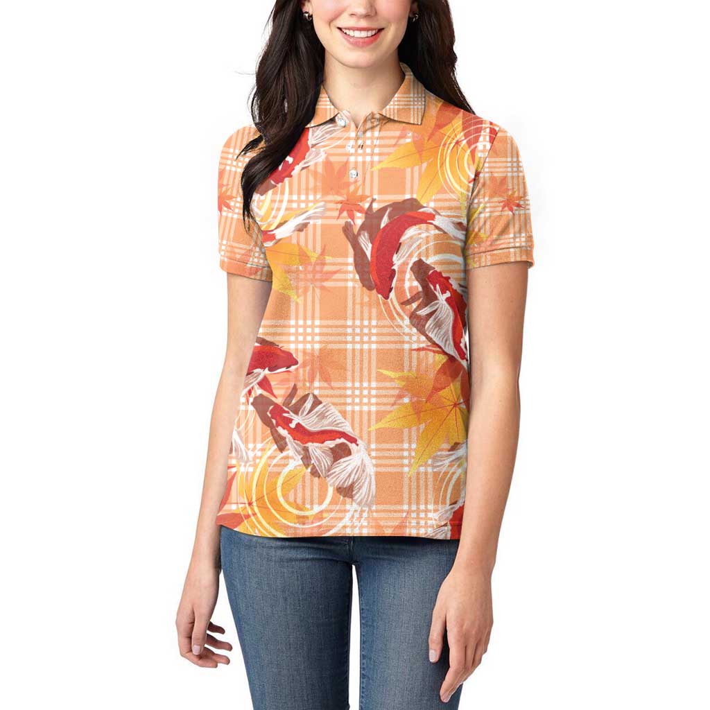 Orange Palaka Hawaii Aloha Women Polo Shirt Koi Pond Mix Japanese Maple - Polynesian Pride