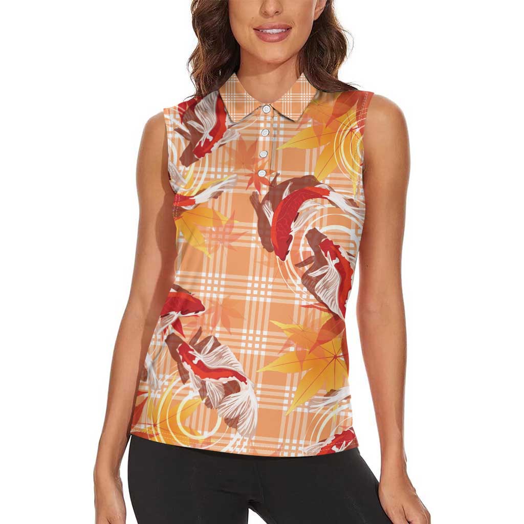 Orange Palaka Hawaii Aloha Women Sleeveless Polo Shirt Koi Pond Mix Japanese Maple LT7 - Polynesian Pride