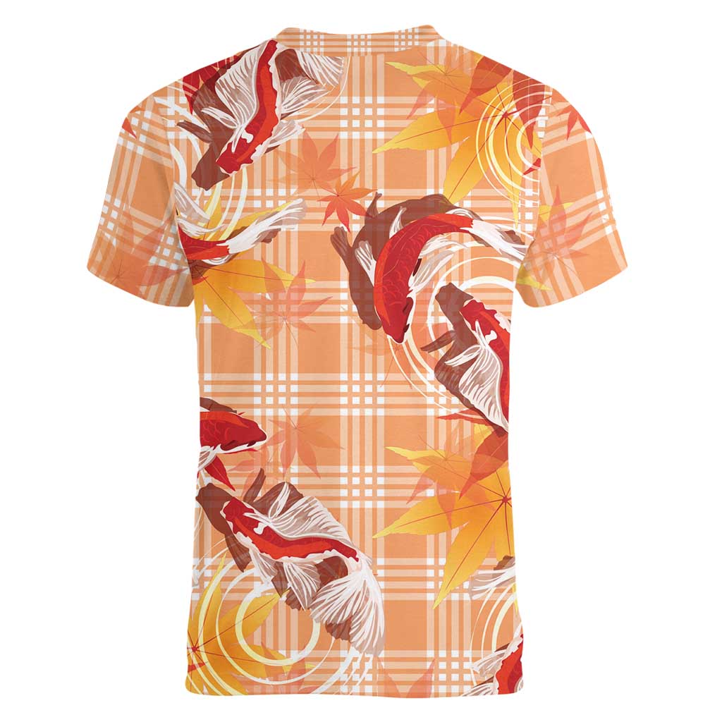 Orange Palaka Hawaii Aloha Women V-Neck T-Shirt Koi Pond Mix Japanese Maple - Polynesian Pride