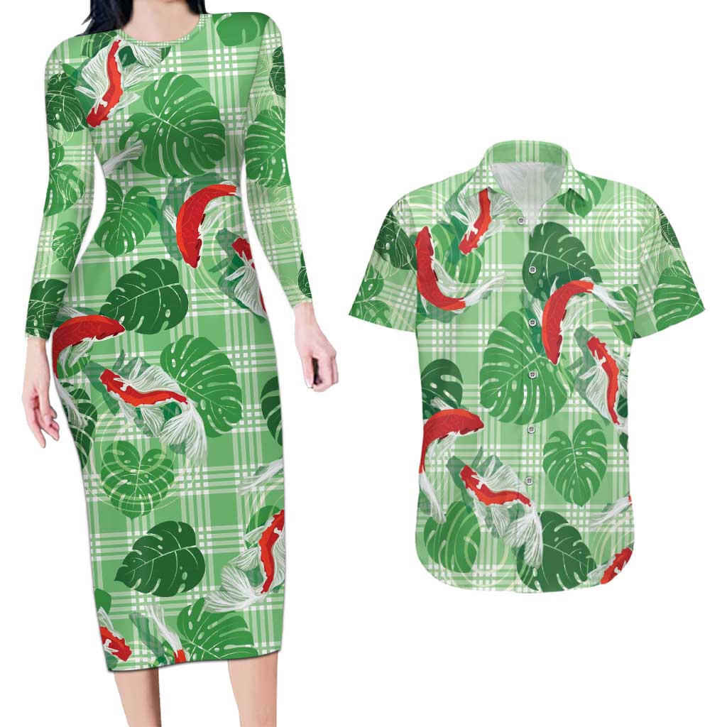 Lime Palaka Hawaii Aloha Couples Matching Long Sleeve Bodycon Dress and Hawaiian Shirt Koi Pond Mix Monstera LT7 Lime Green - Polynesian Pride