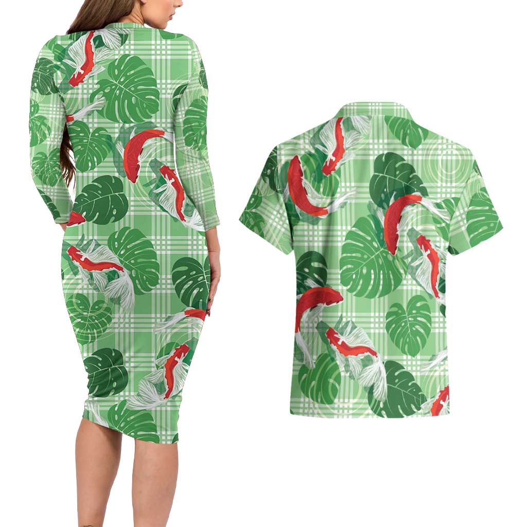 Lime Palaka Hawaii Aloha Couples Matching Long Sleeve Bodycon Dress and Hawaiian Shirt Koi Pond Mix Monstera LT7 - Polynesian Pride
