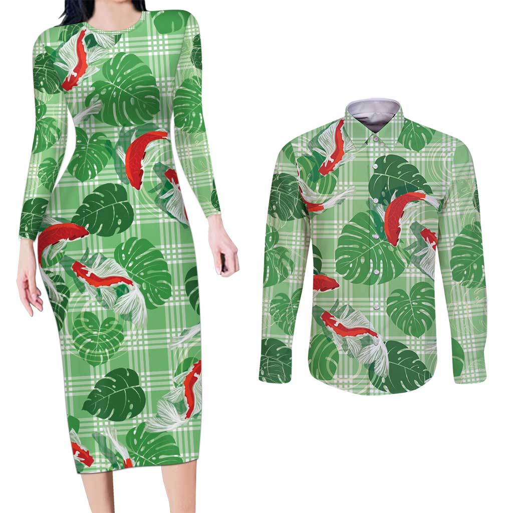Lime Palaka Hawaii Aloha Couples Matching Long Sleeve Bodycon Dress and Long Sleeve Button Shirt Koi Pond Mix Monstera LT7 Lime Green - Polynesian Pride