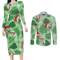 Lime Palaka Hawaii Aloha Couples Matching Long Sleeve Bodycon Dress and Long Sleeve Button Shirt Koi Pond Mix Monstera LT7 Lime Green - Polynesian Pride