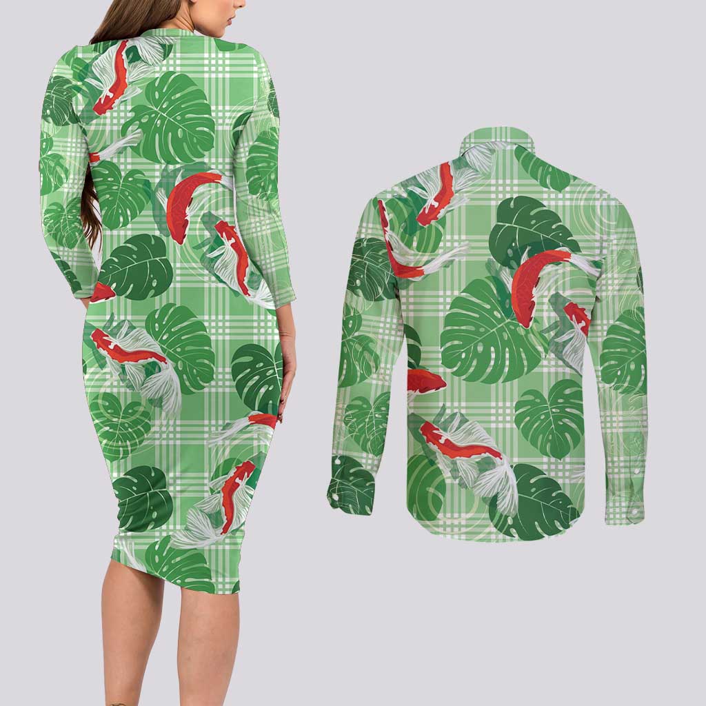 Lime Palaka Hawaii Aloha Couples Matching Long Sleeve Bodycon Dress and Long Sleeve Button Shirt Koi Pond Mix Monstera LT7 - Polynesian Pride