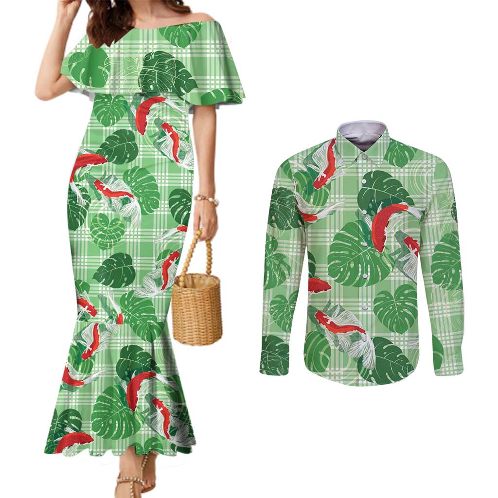 Lime Palaka Hawaii Aloha Couples Matching Mermaid Dress and Long Sleeve Button Shirt Koi Pond Mix Monstera - Polynesian Pride
