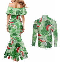 Lime Palaka Hawaii Aloha Couples Matching Mermaid Dress and Long Sleeve Button Shirt Koi Pond Mix Monstera - Polynesian Pride