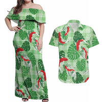 Lime Palaka Hawaii Aloha Couples Matching Off Shoulder Maxi Dress and Hawaiian Shirt Koi Pond Mix Monstera LT7 Lime Green - Polynesian Pride