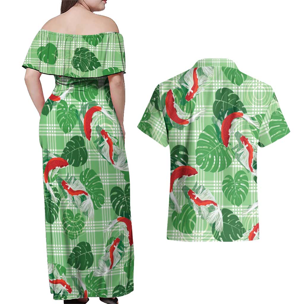 Lime Palaka Hawaii Aloha Couples Matching Off Shoulder Maxi Dress and Hawaiian Shirt Koi Pond Mix Monstera LT7 - Polynesian Pride