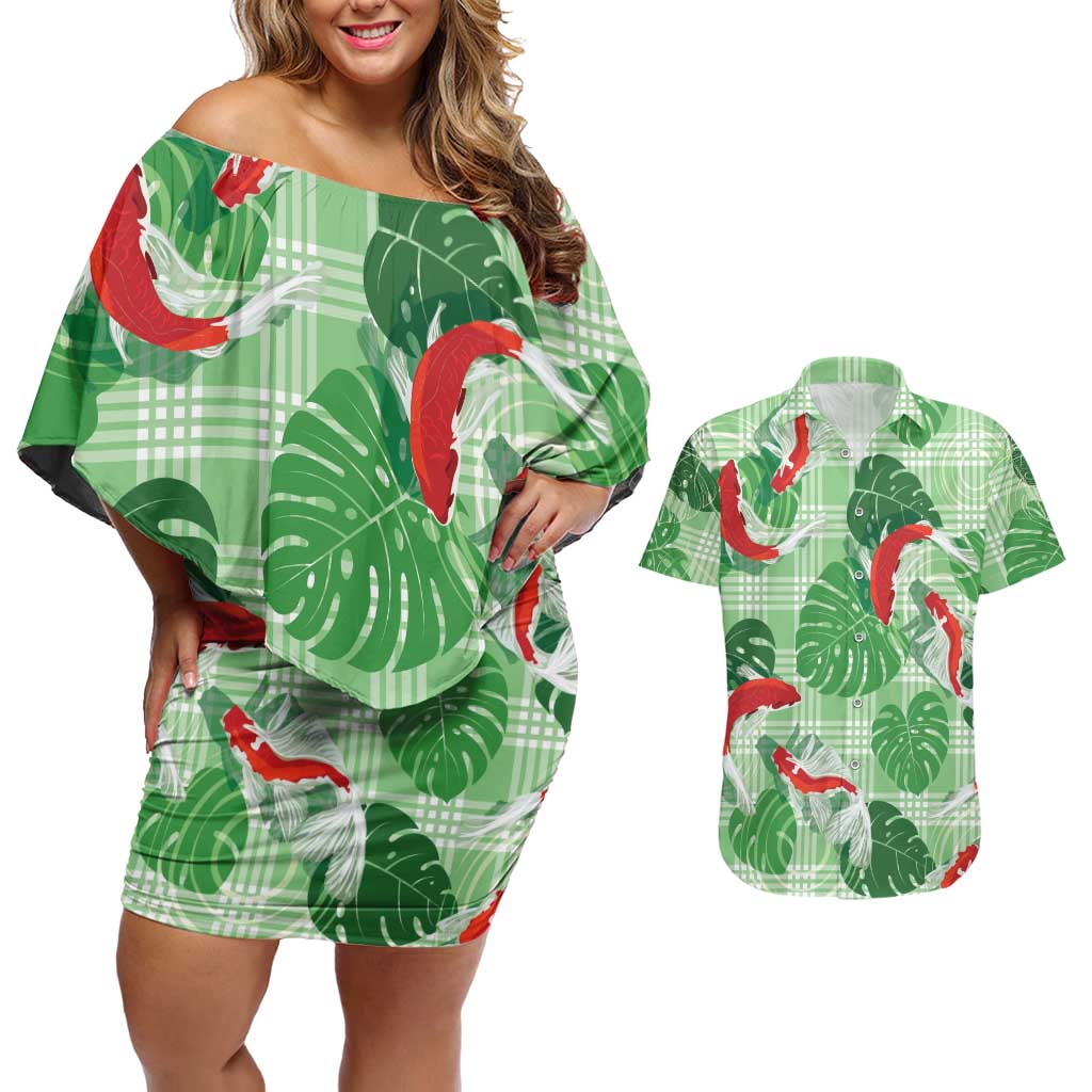 Lime Palaka Hawaii Aloha Couples Matching Off Shoulder Short Dress and Hawaiian Shirt Koi Pond Mix Monstera LT7 Lime Green - Polynesian Pride