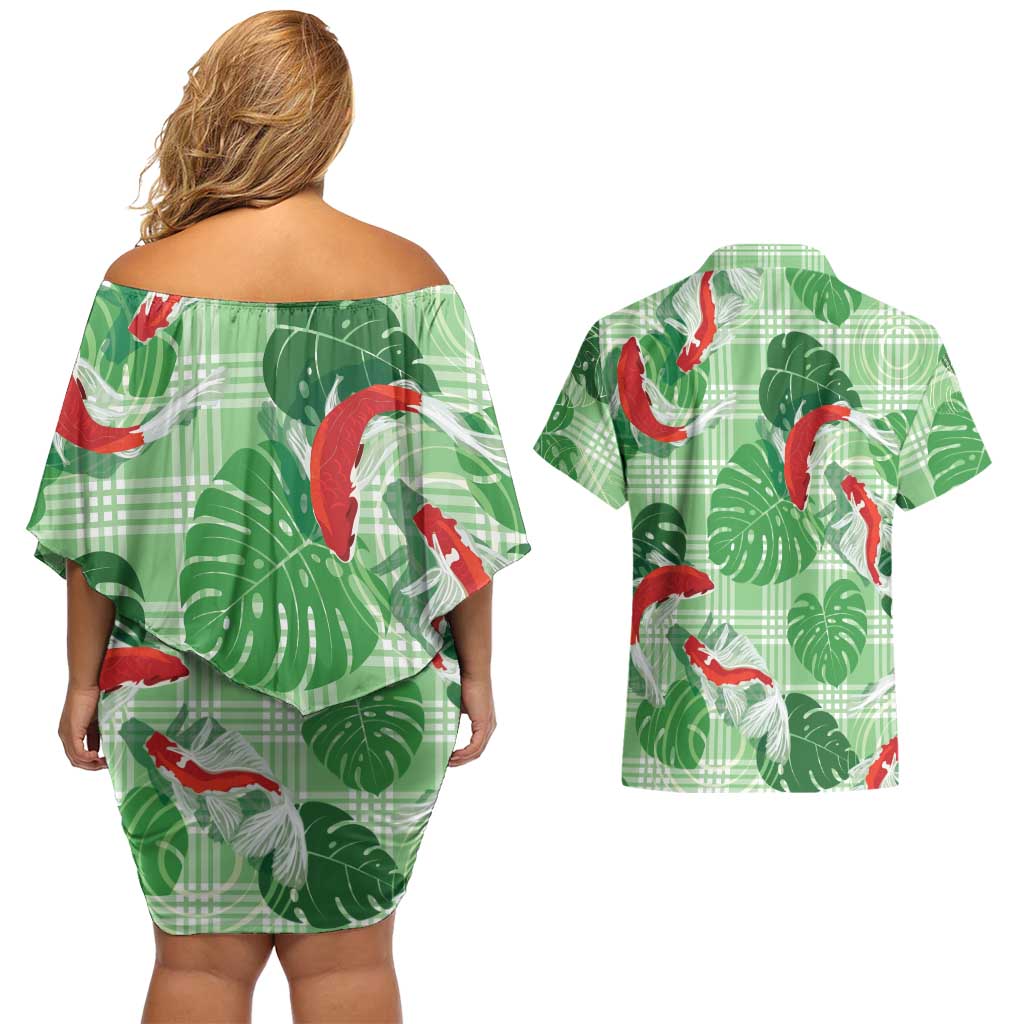 Lime Palaka Hawaii Aloha Couples Matching Off Shoulder Short Dress and Hawaiian Shirt Koi Pond Mix Monstera LT7 - Polynesian Pride