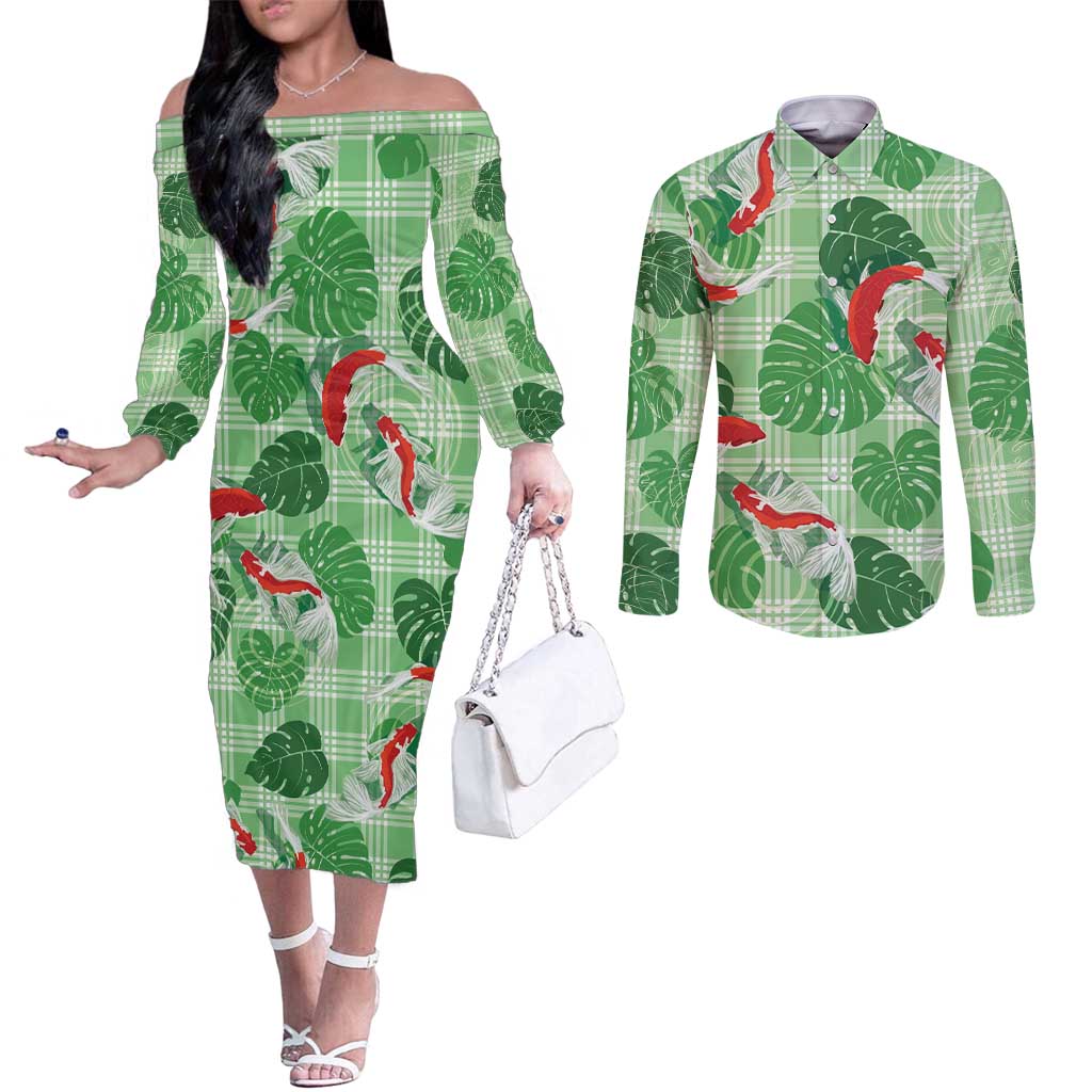 Lime Palaka Hawaii Aloha Couples Matching Off The Shoulder Long Sleeve Dress and Long Sleeve Button Shirt Koi Pond Mix Monstera LT7 Lime Green - Polynesian Pride