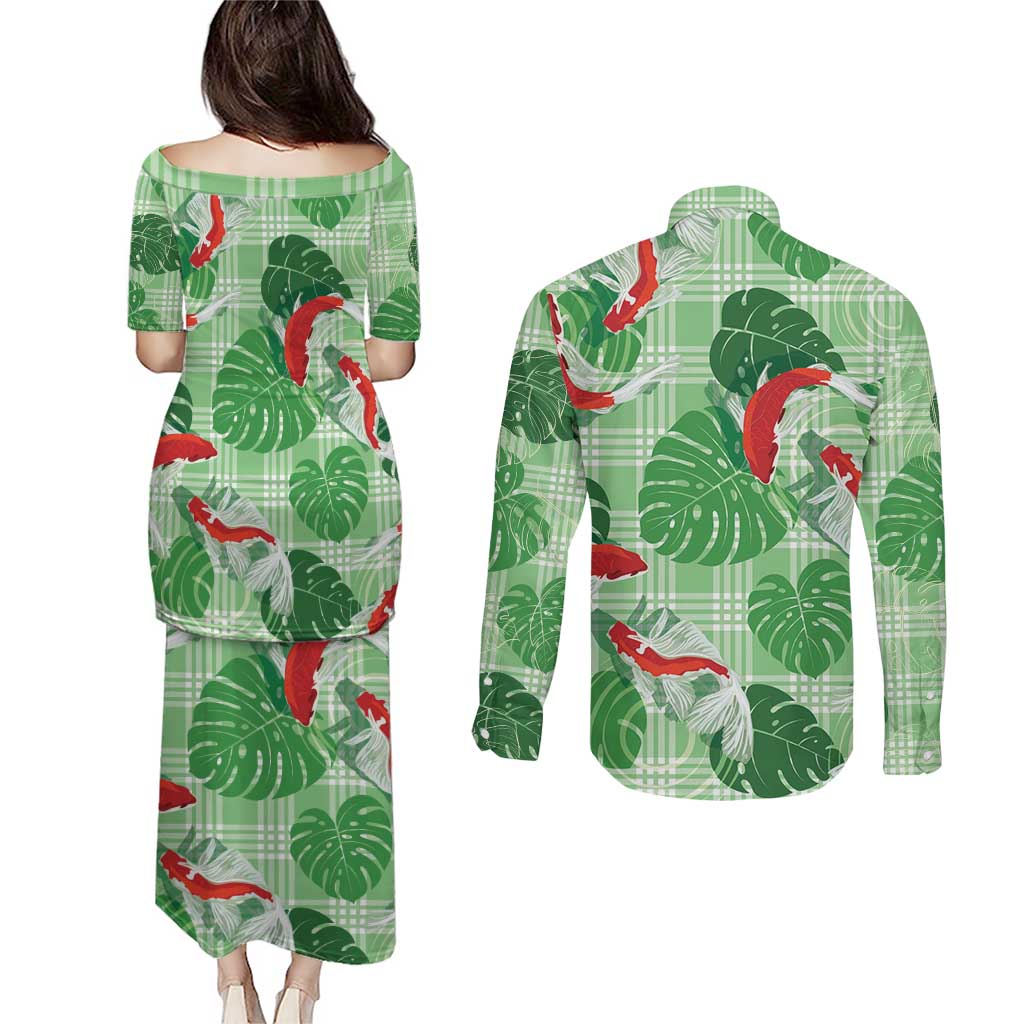 Lime Palaka Hawaii Aloha Couples Matching Puletasi and Long Sleeve Button Shirt Koi Pond Mix Monstera - Polynesian Pride