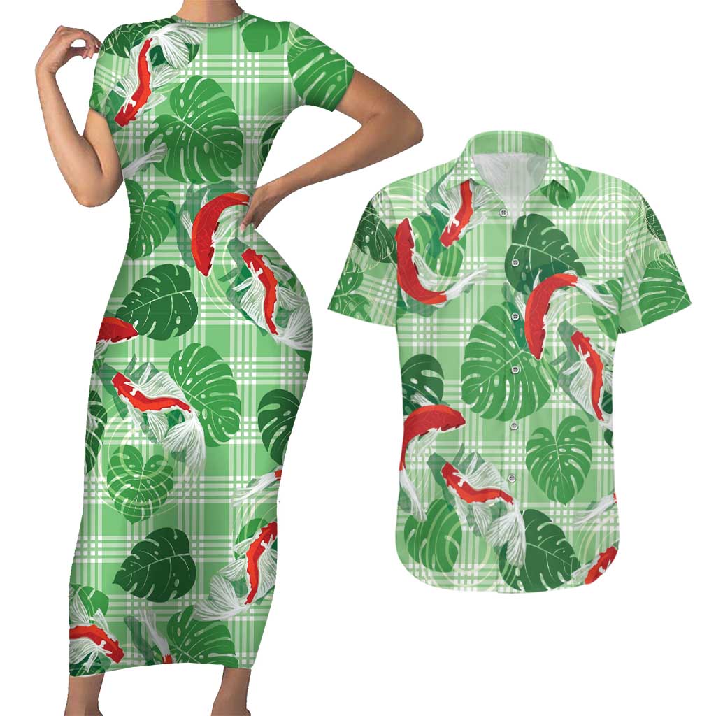 Lime Palaka Hawaii Aloha Couples Matching Short Sleeve Bodycon Dress and Hawaiian Shirt Koi Pond Mix Monstera LT7 Lime Green - Polynesian Pride