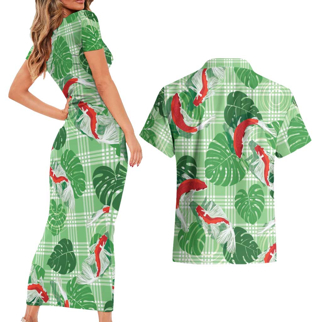 Lime Palaka Hawaii Aloha Couples Matching Short Sleeve Bodycon Dress and Hawaiian Shirt Koi Pond Mix Monstera LT7 - Polynesian Pride