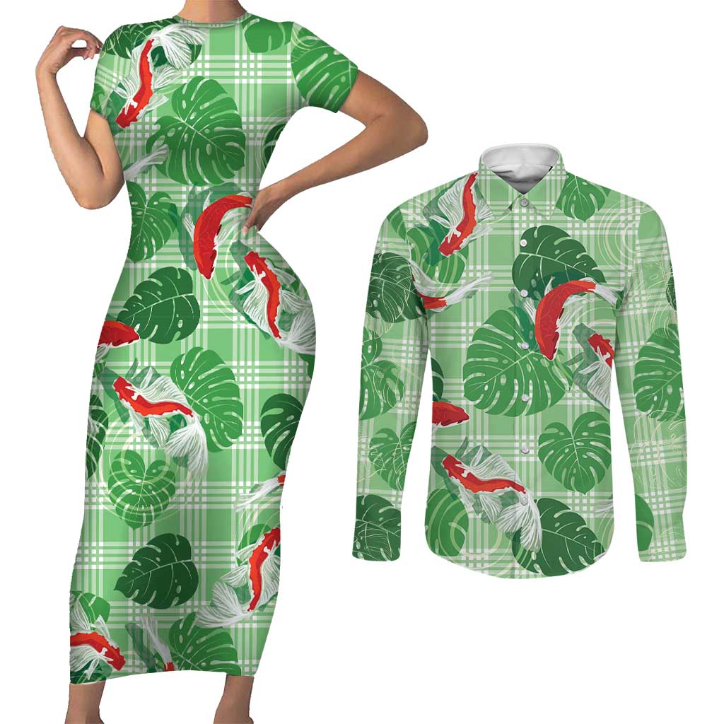 Lime Palaka Hawaii Aloha Couples Matching Short Sleeve Bodycon Dress and Long Sleeve Button Shirt Koi Pond Mix Monstera LT7 Lime Green - Polynesian Pride