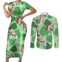Lime Palaka Hawaii Aloha Couples Matching Short Sleeve Bodycon Dress and Long Sleeve Button Shirt Koi Pond Mix Monstera LT7 Lime Green - Polynesian Pride