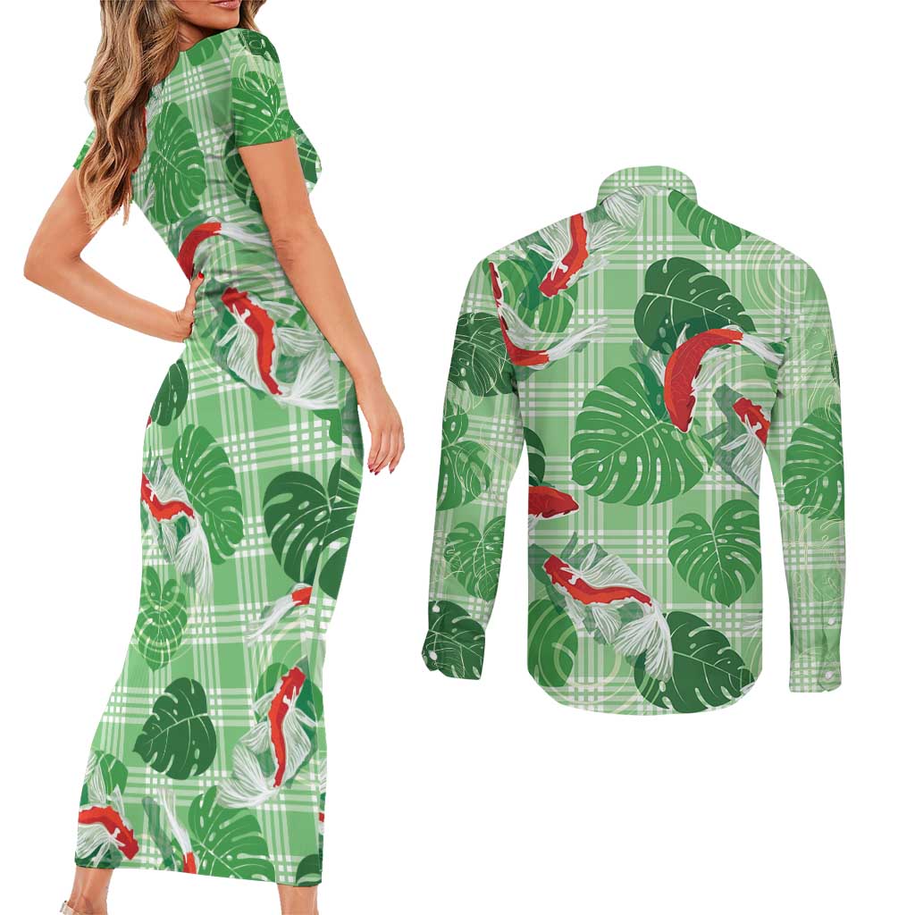 Lime Palaka Hawaii Aloha Couples Matching Short Sleeve Bodycon Dress and Long Sleeve Button Shirt Koi Pond Mix Monstera LT7 - Polynesian Pride
