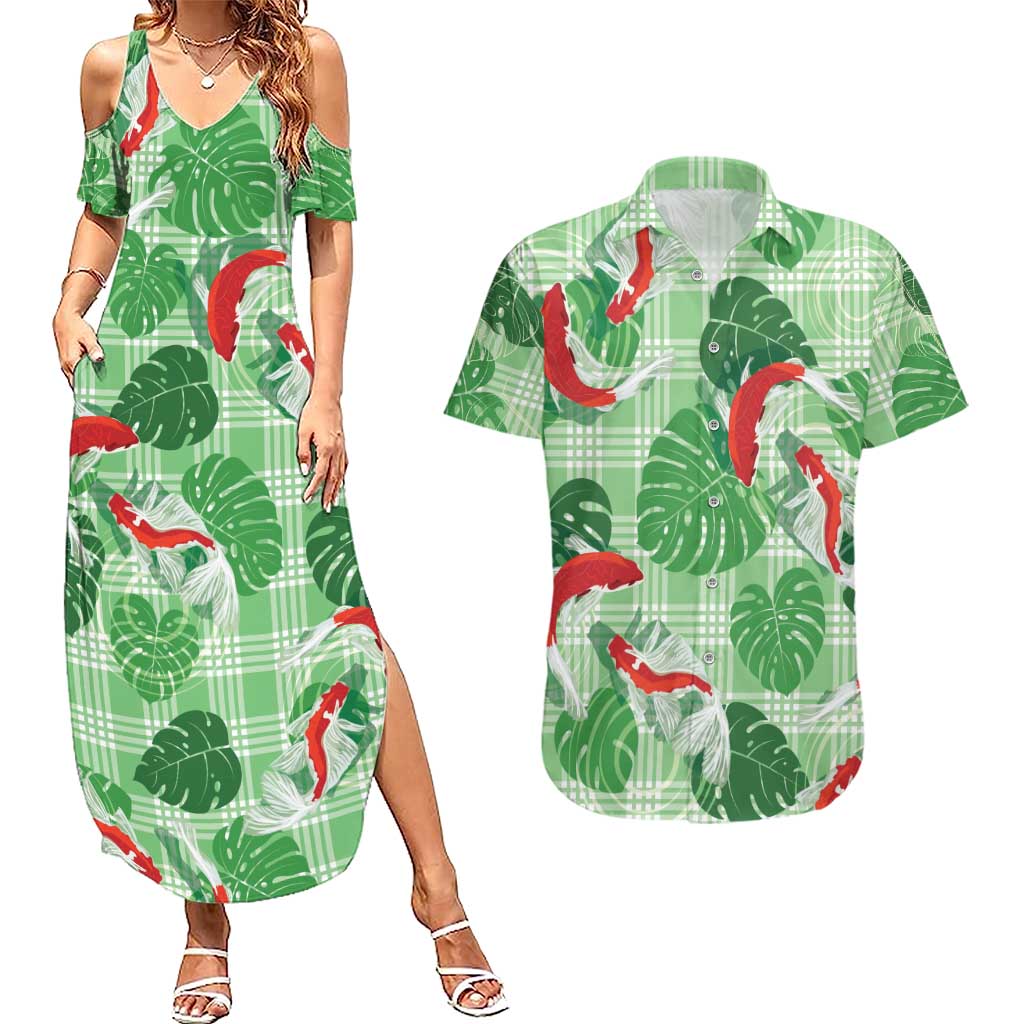 Lime Palaka Hawaii Aloha Couples Matching Summer Maxi Dress and Hawaiian Shirt Koi Pond Mix Monstera LT7 Lime Green - Polynesian Pride