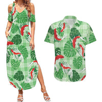 Lime Palaka Hawaii Aloha Couples Matching Summer Maxi Dress and Hawaiian Shirt Koi Pond Mix Monstera LT7 Lime Green - Polynesian Pride