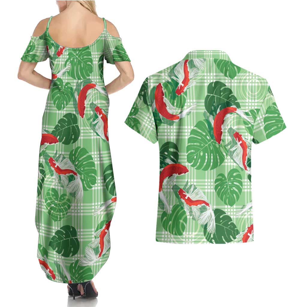 Lime Palaka Hawaii Aloha Couples Matching Summer Maxi Dress and Hawaiian Shirt Koi Pond Mix Monstera LT7 - Polynesian Pride