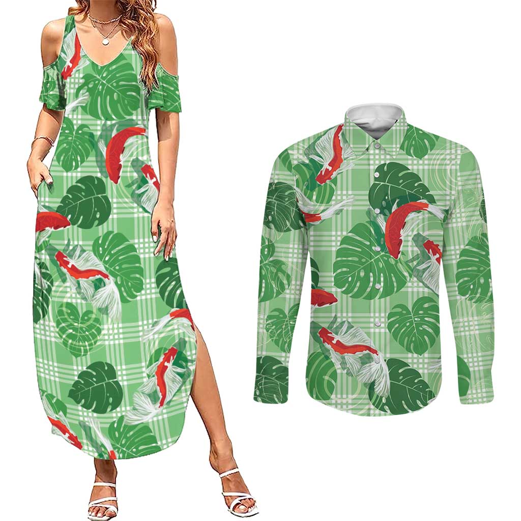 Lime Palaka Hawaii Aloha Couples Matching Summer Maxi Dress and Long Sleeve Button Shirt Koi Pond Mix Monstera - Polynesian Pride