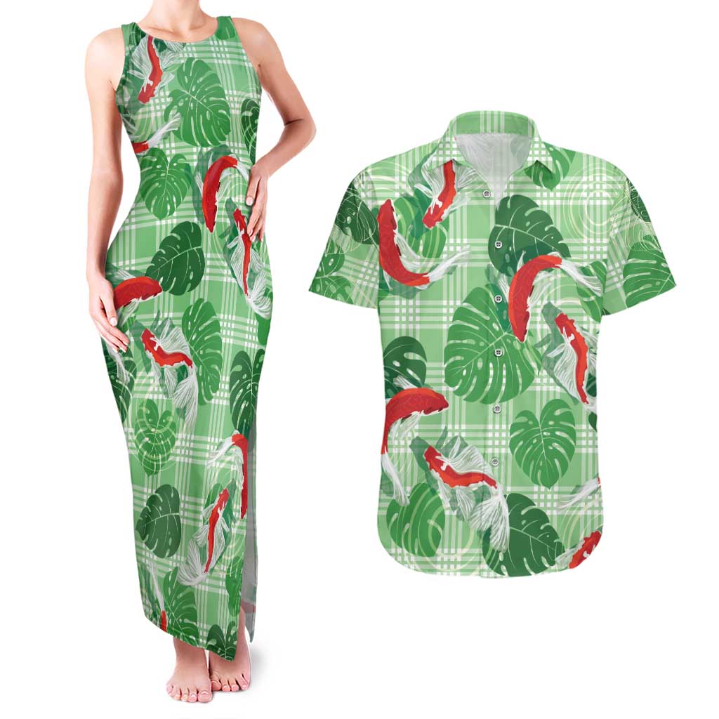 Lime Palaka Hawaii Aloha Couples Matching Tank Maxi Dress and Hawaiian Shirt Koi Pond Mix Monstera LT7 Lime Green - Polynesian Pride