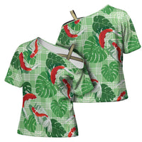 Lime Palaka Hawaii Aloha Cross Shoulder Shirt Koi Pond Mix Monstera - Polynesian Pride