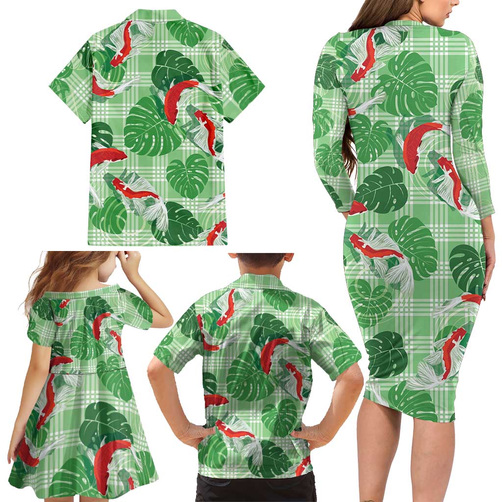 Lime Palaka Hawaii Aloha Family Matching Long Sleeve Bodycon Dress and Hawaiian Shirt Koi Pond Mix Monstera LT7 - Polynesian Pride