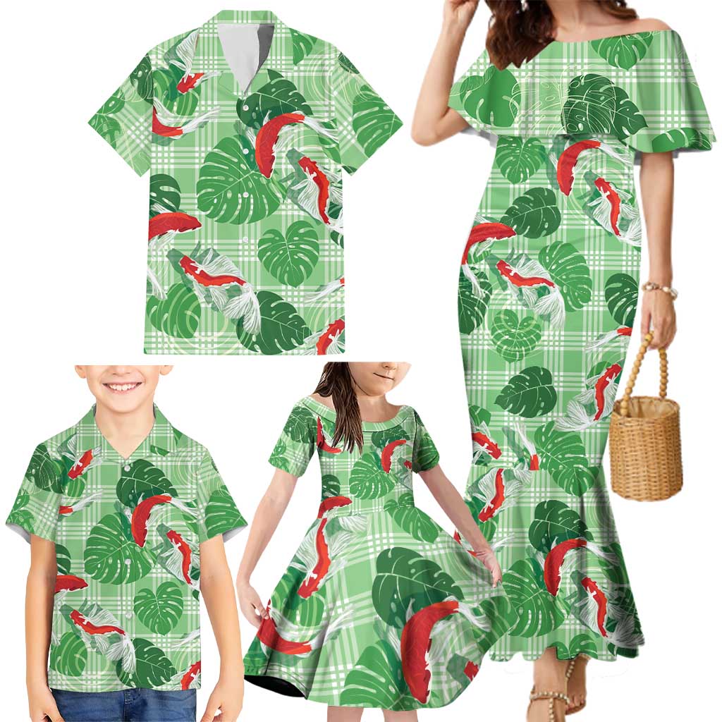 Lime Palaka Hawaii Aloha Family Matching Mermaid Dress and Hawaiian Shirt Koi Pond Mix Monstera LT7 - Polynesian Pride