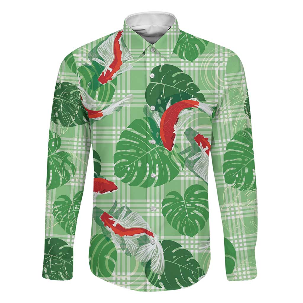 Lime Palaka Hawaii Aloha Family Matching Mermaid Dress and Hawaiian Shirt Koi Pond Mix Monstera LT7 Dad's Shirt - Long Sleeve Lime Green - Polynesian Pride